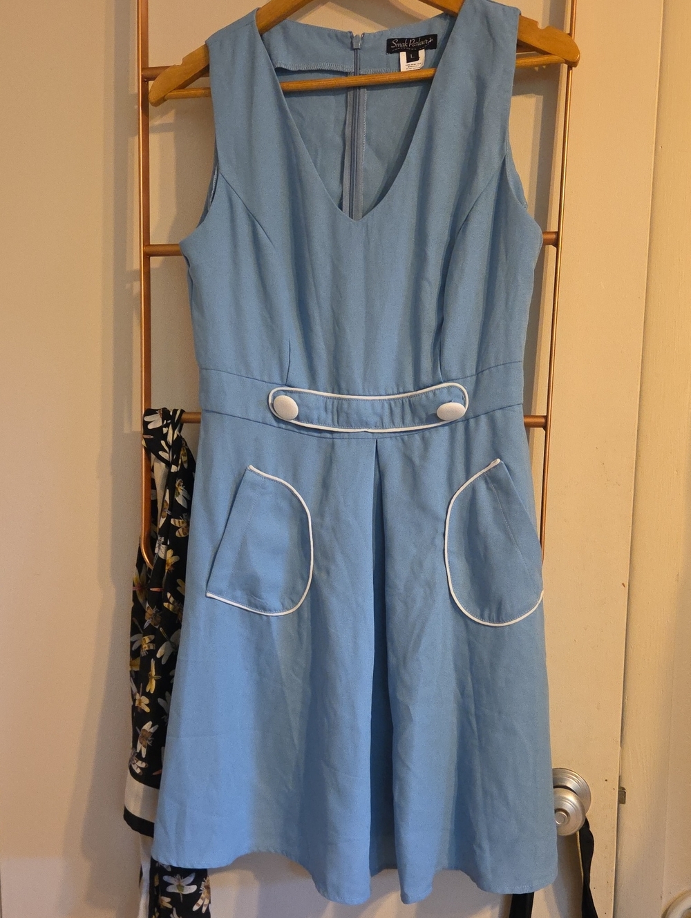 Smak Parlour Unique Vintage Sky Blue Sleeveless 1960s Dress with White Trim